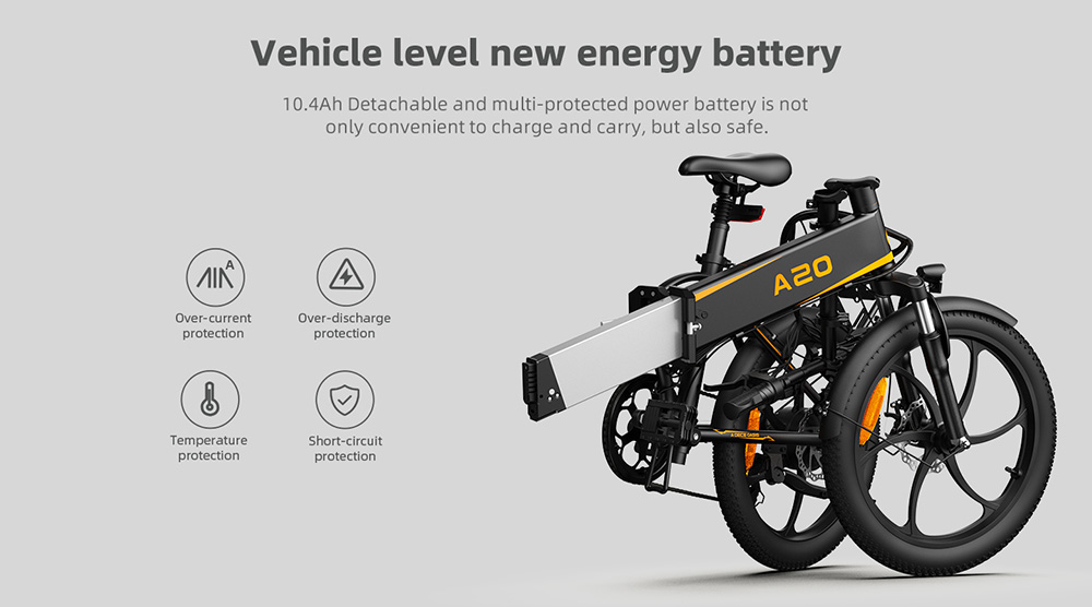 ADO A20 XE 250W Electric Bike Folding Frame 7-Speed Gears Removable 10.4 AH Lithium-Ion Battery E-bike - Grey