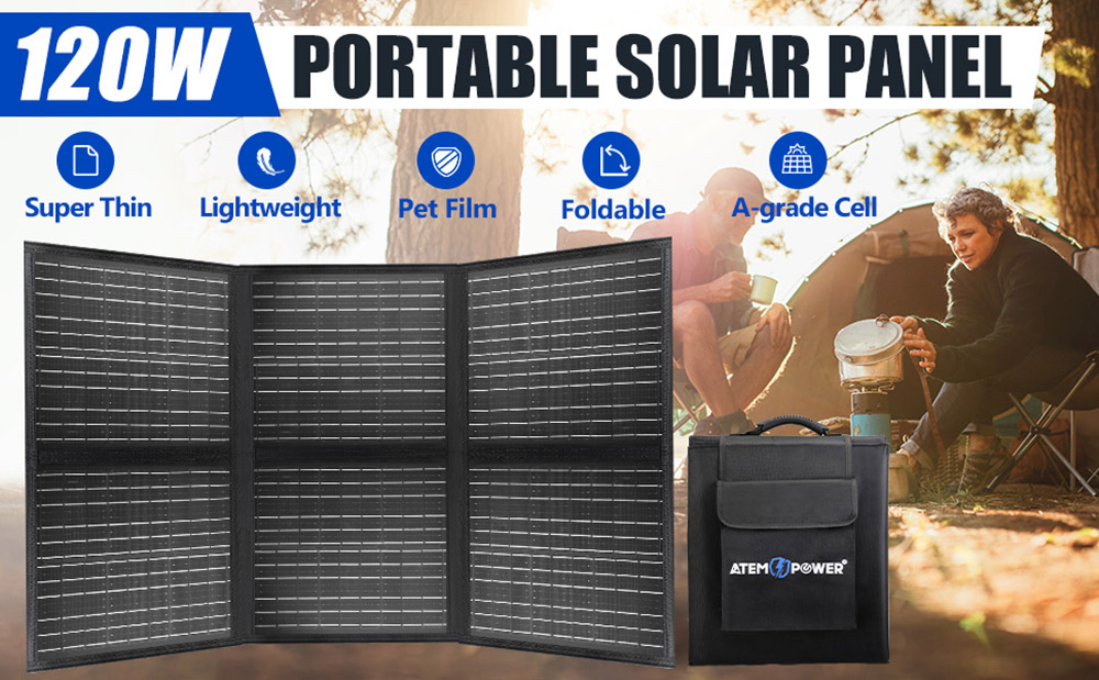 ATEM POWER 120W Portable Monocrystalline Solar Panel with 20A MPPT Charger Controller for Outdoor RV Boat Camping