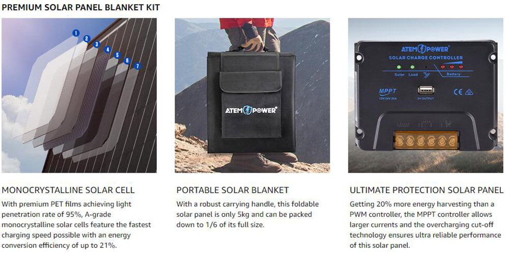 ATEM POWER 120W Portable Monocrystalline Solar Panel with 20A MPPT Charger Controller for Outdoor RV Boat Camping