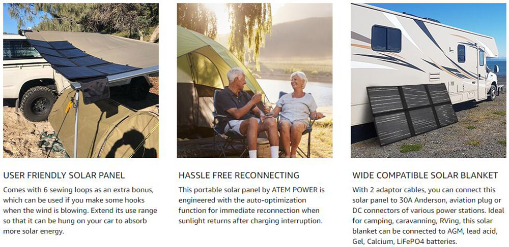 ATEM POWER 120W Portable Monocrystalline Solar Panel with 20A MPPT Charger Controller for Outdoor RV Boat Camping