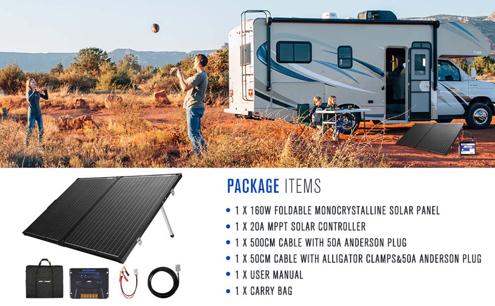 ATEM POWER 160W Portable Monocrystalline Solar Panel Without Glass 20A MPPT Controller with USB Output for RV Camping