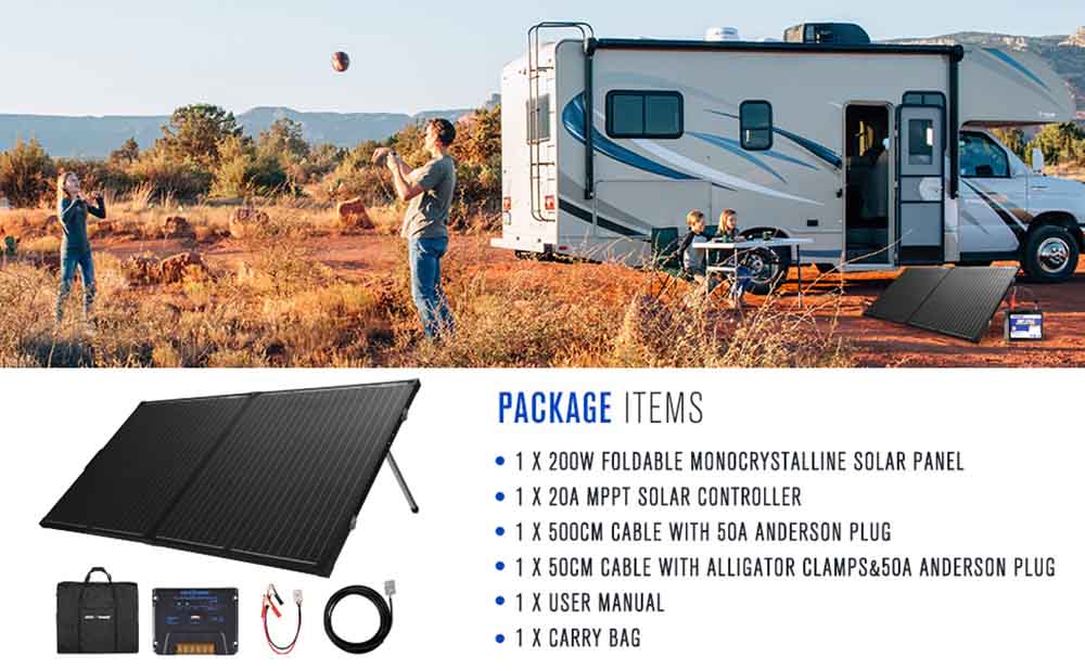 ATEM POWER 200W Portable Monocrystalline Solar Panel Without Glass 20A MPPT Controller with USB Output for RV Camping
