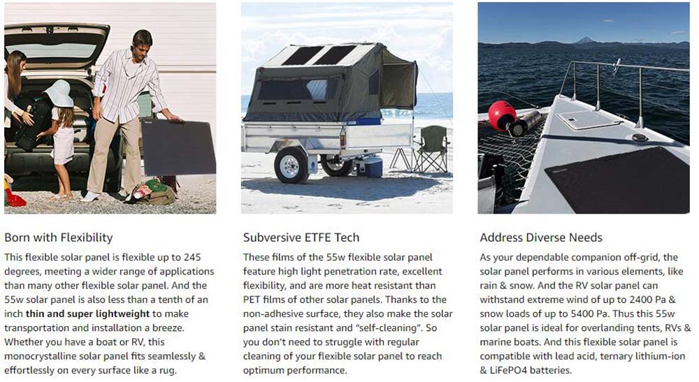 ATEM POWER 55W Monocrystalline Solar Panel Flexible 245 Degree Bendable for RV Tent Roof Boat Cabin Marine Camping