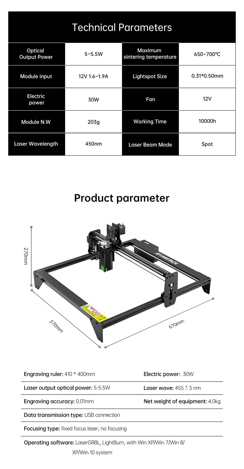 ATOMSTACK A5 M30 30W Laser Engraving Machine Ultra-Fine Compression Laser Printing Size 410 x 400mm