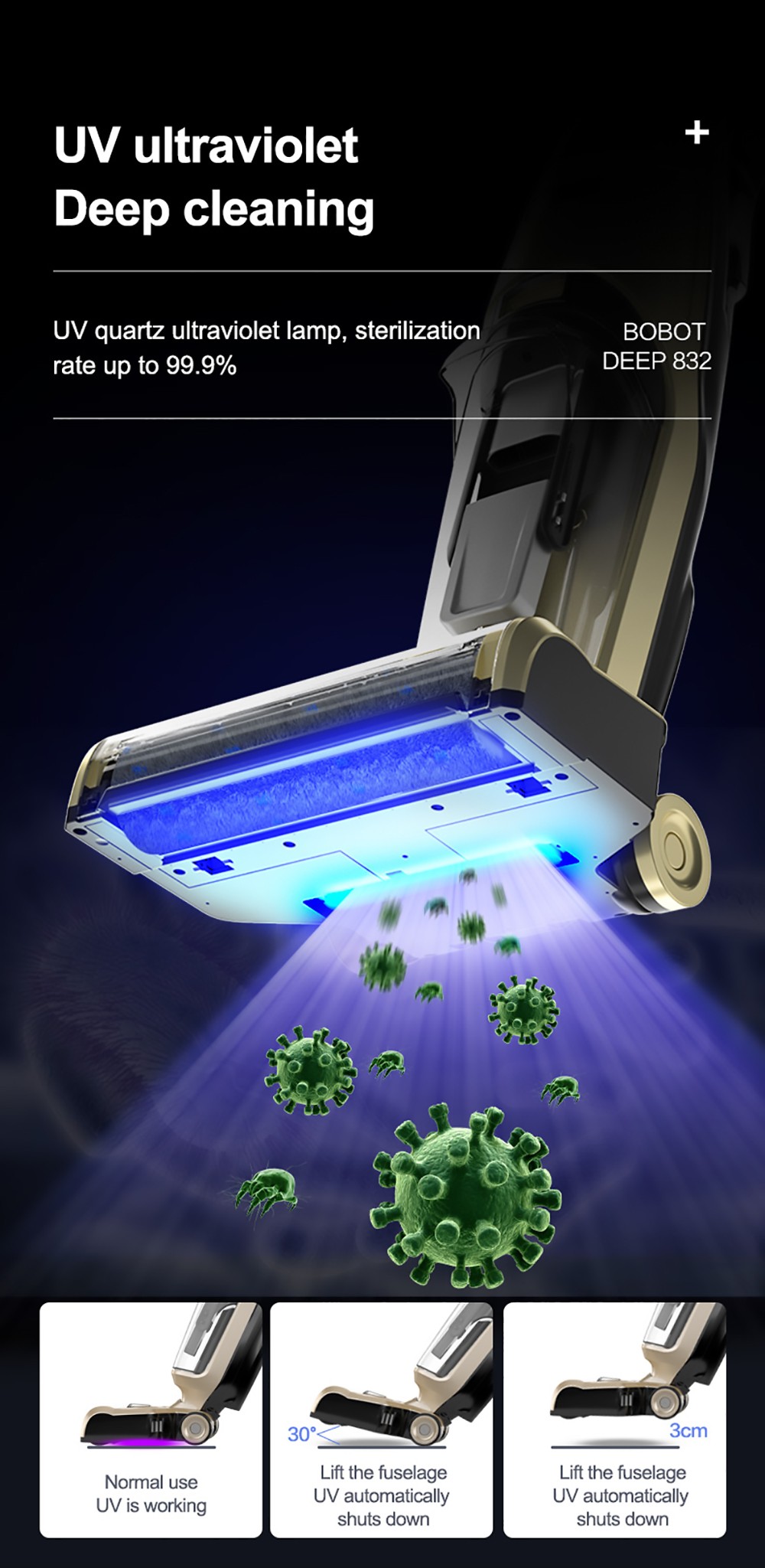 Bobot DEEP 832 Cordless Washer Vacuum Cleaner with UV Disinfection Suck Liquid and Solid Dust Both Dry Wet Floor