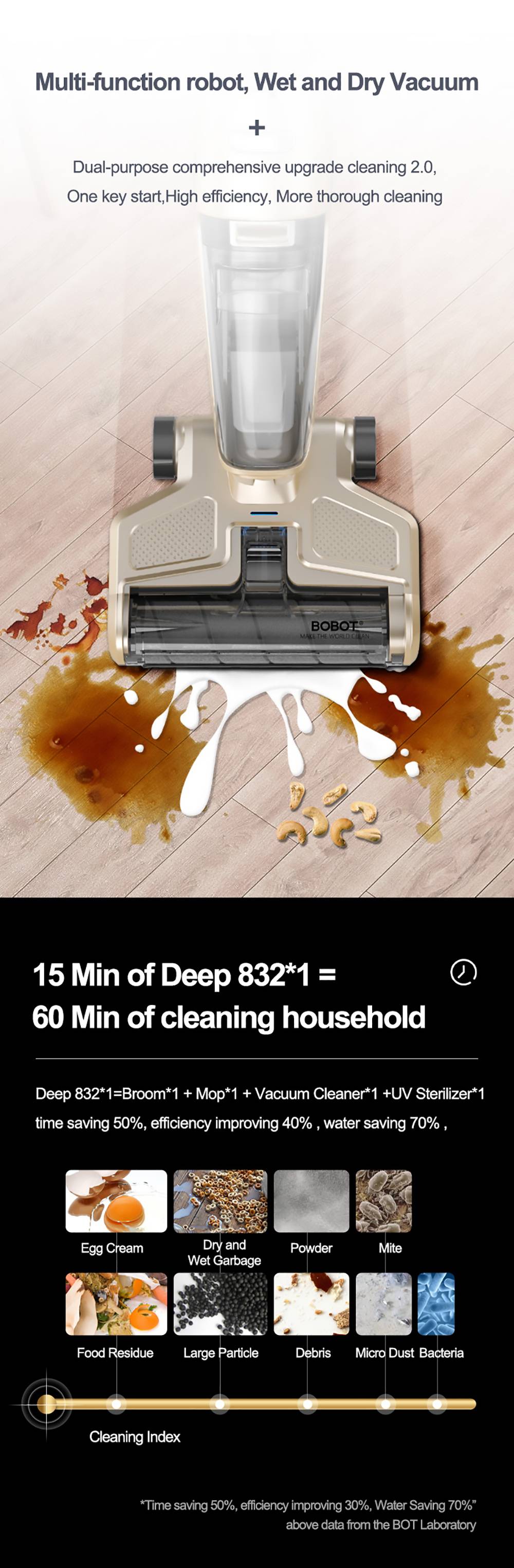 Bobot DEEP 832 Cordless Washer Vacuum Cleaner with UV Disinfection Suck Liquid and Solid Dust Both Dry Wet Floor