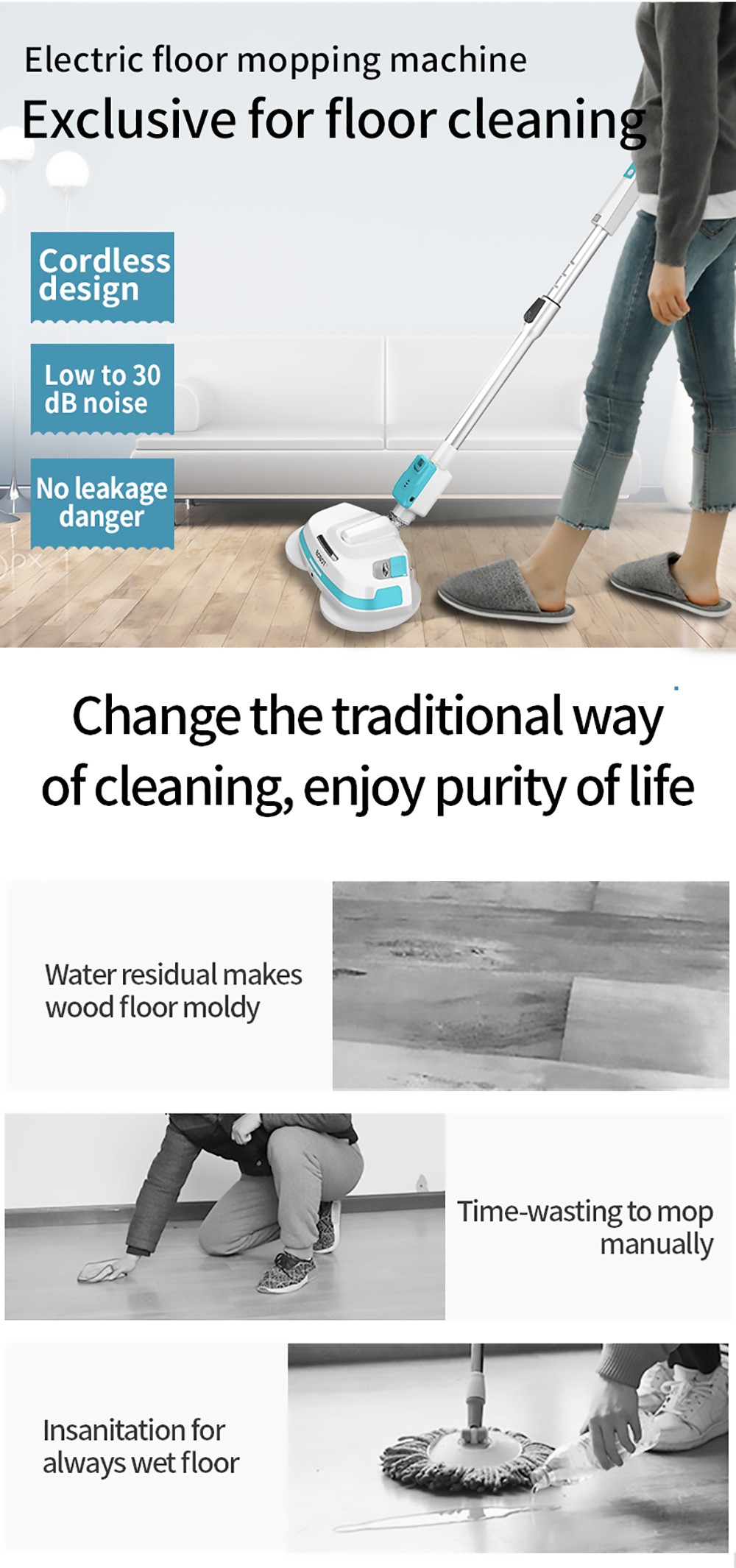 Bobot MOP 8600S Cordless Electric Mop 250r/min LED Lights with spraying water for Hardwood Floors Tiles Marble Glass