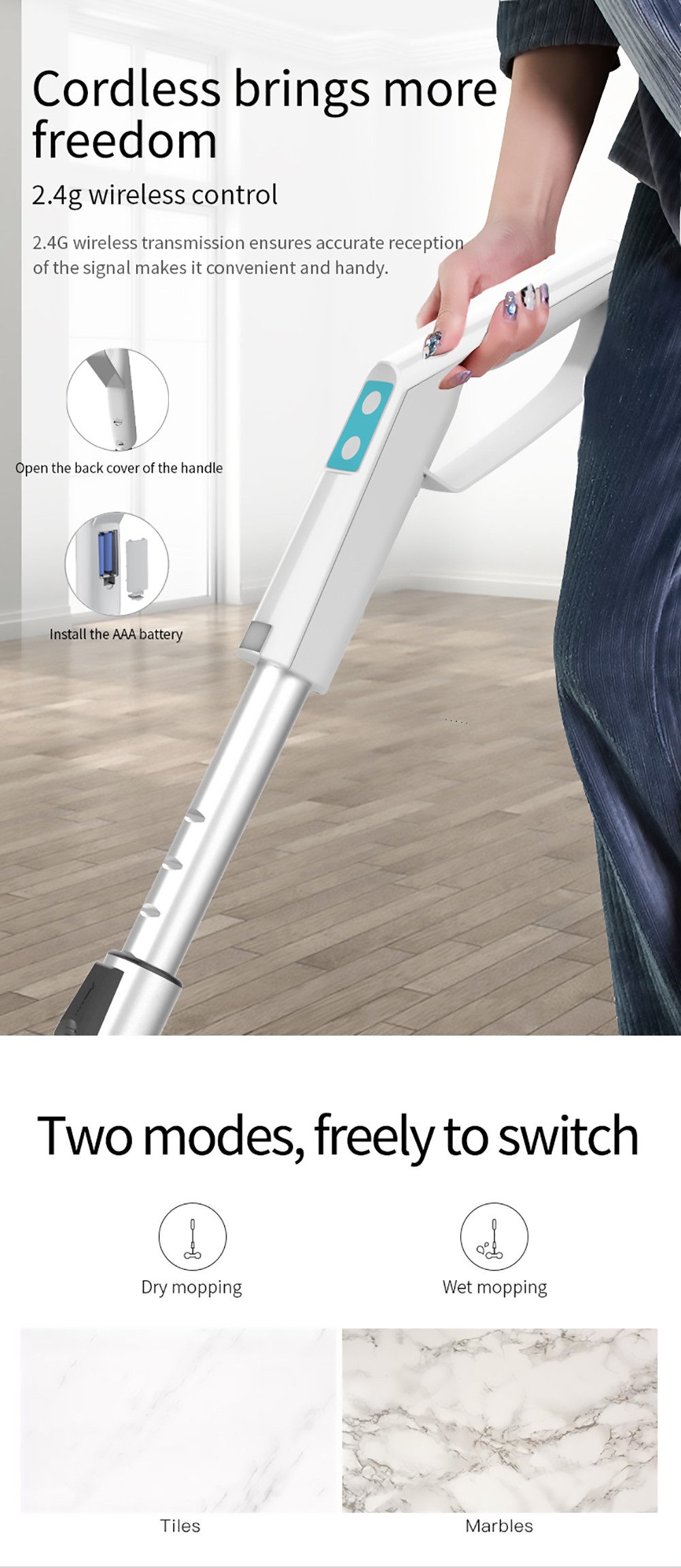 Bobot MOP 8600S Cordless Electric Mop 250r/min LED Lights with spraying water for Hardwood Floors Tiles Marble Glass