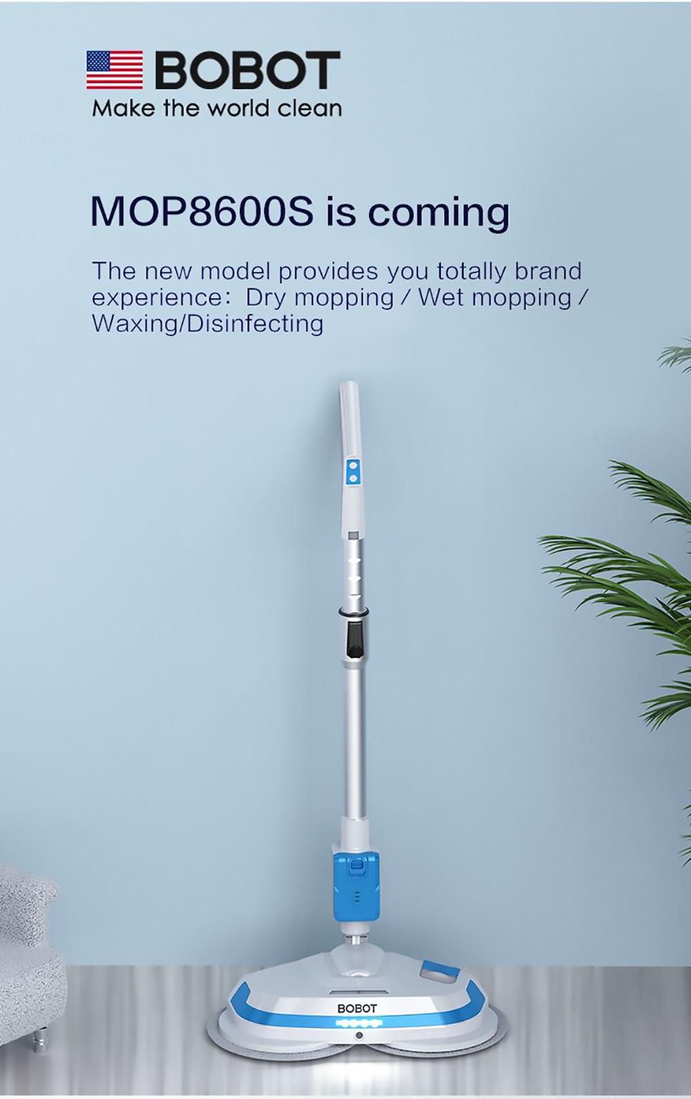 Bobot MOP 8600S Cordless Electric Mop 250r/min LED Lights with spraying water for Hardwood Floors Tiles Marble Glass