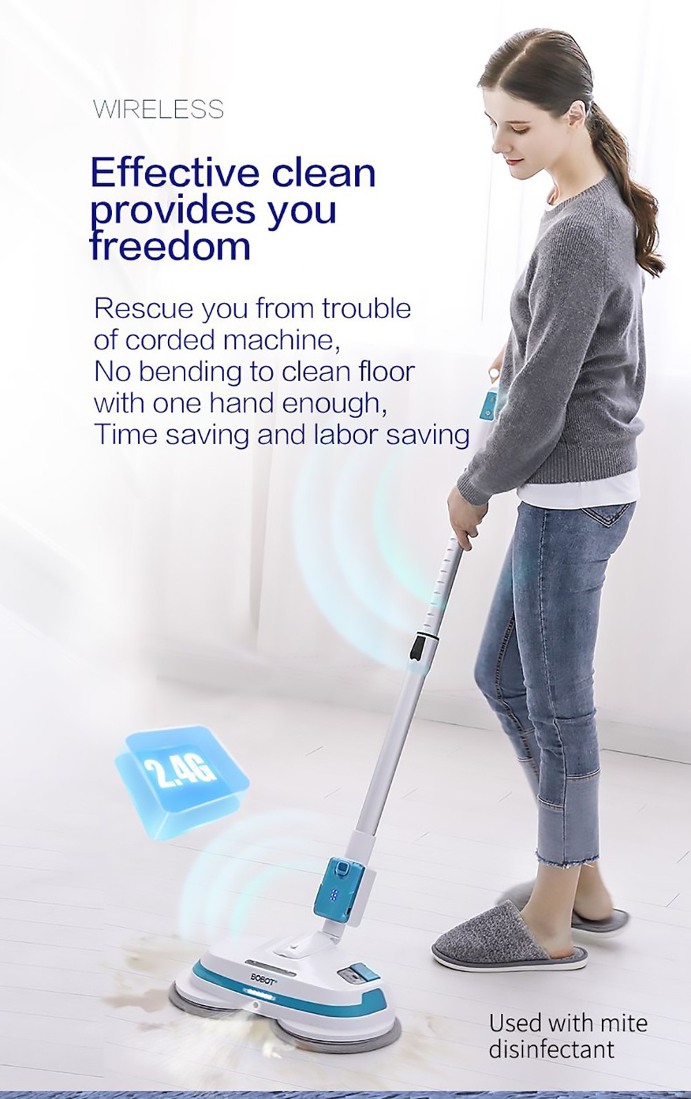 Bobot MOP 8600S Cordless Electric Mop 250r/min LED Lights with spraying water for Hardwood Floors Tiles Marble Glass