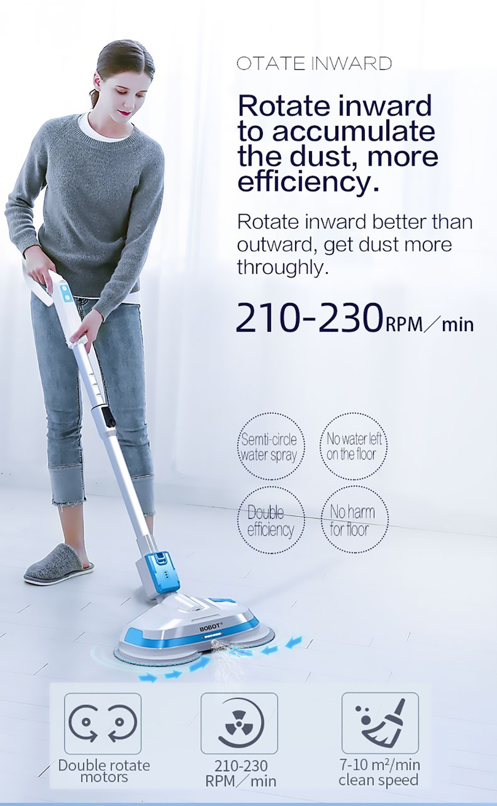 Bobot MOP 8600S Cordless Electric Mop 250r/min LED Lights with spraying water for Hardwood Floors Tiles Marble Glass
