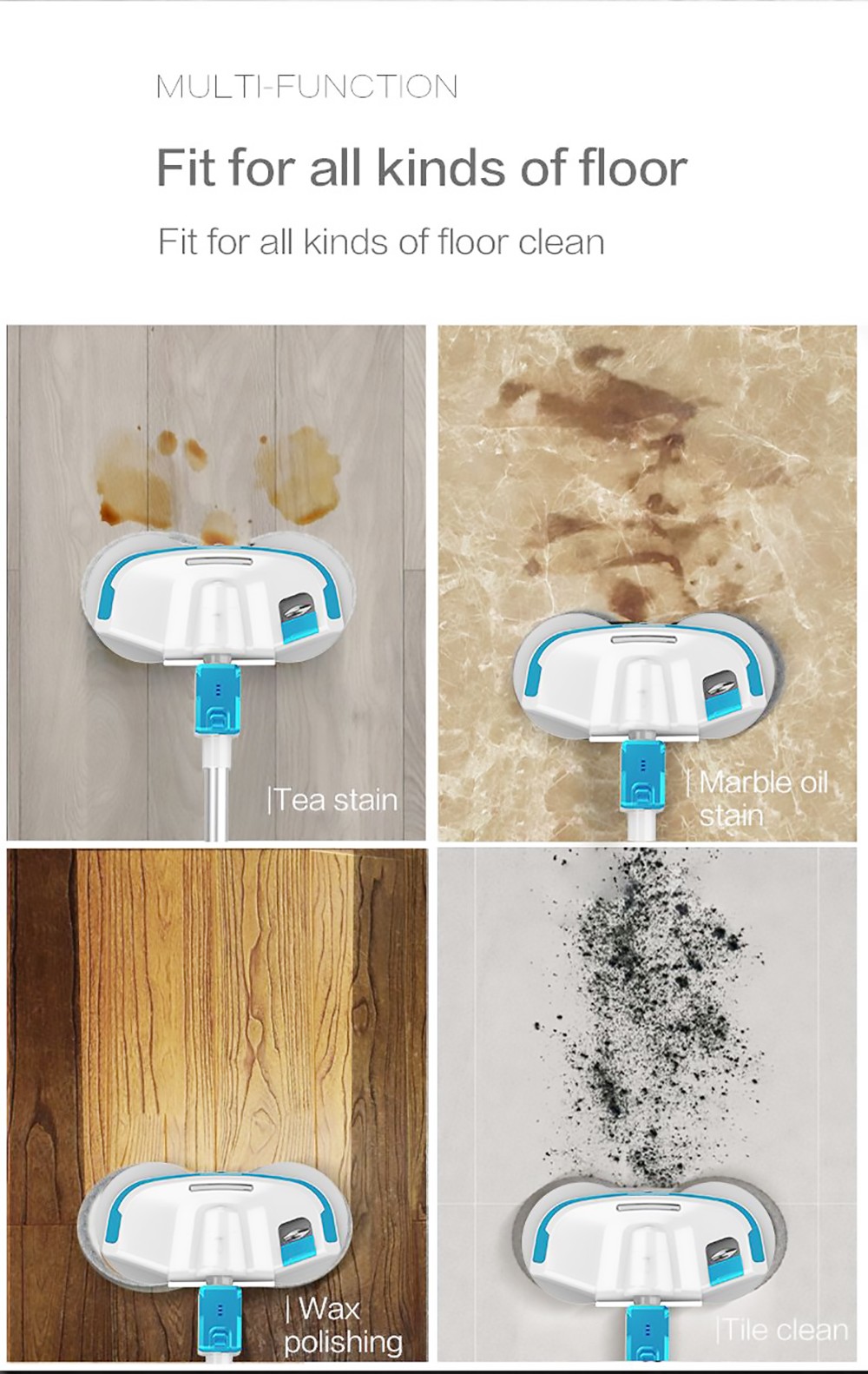 Bobot MOP 8600S Cordless Electric Mop 250r/min LED Lights with spraying water for Hardwood Floors Tiles Marble Glass