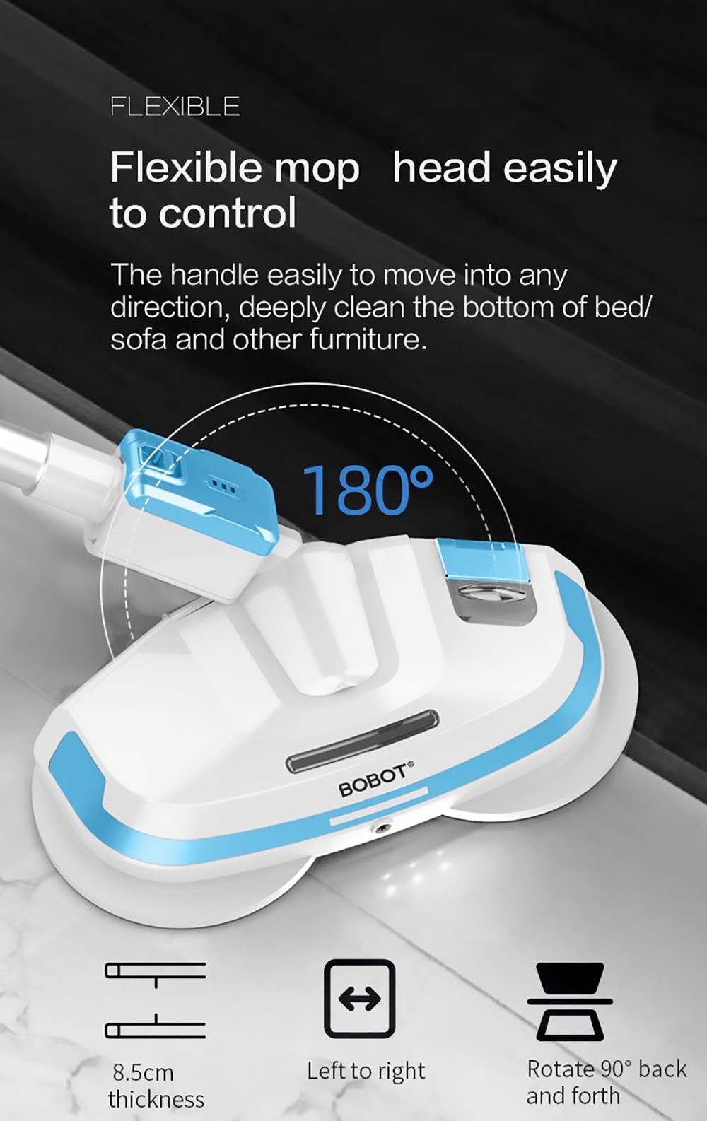 Bobot MOP 8600S Cordless Electric Mop 250r/min LED Lights with spraying water for Hardwood Floors Tiles Marble Glass