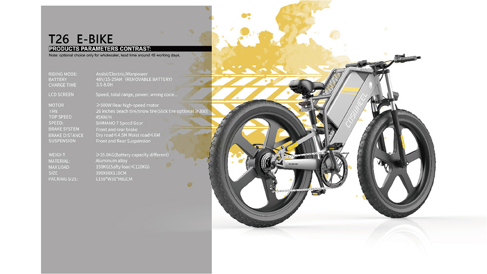 Coswheel T26 E-bike All-terrain Bike 25Ah Battery 48V 750W Motor 90-130 Range 45kmh Max Speed Space Grey