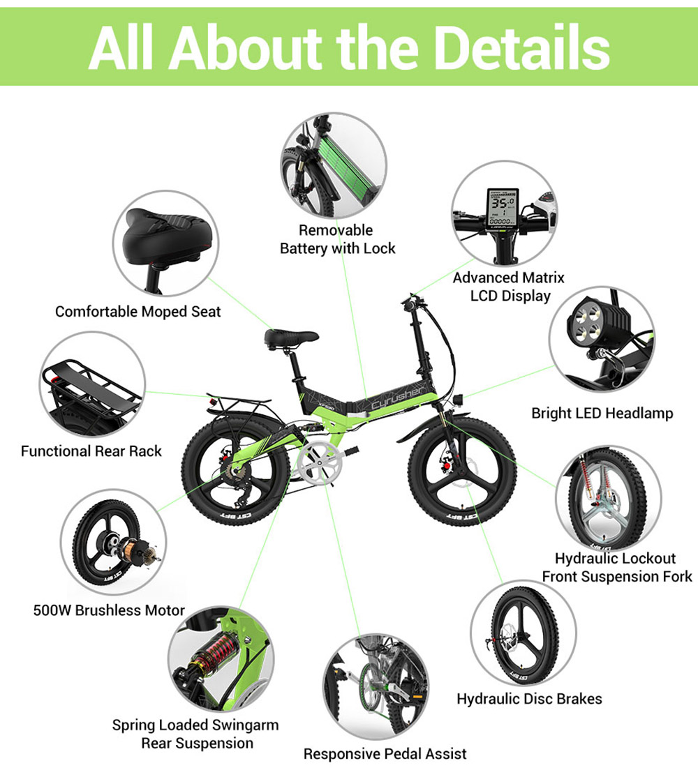 Cyrusher XF590 Folding Electric Bike 500W 48V 10 Ah Battery 7 Speed City E-bike - White