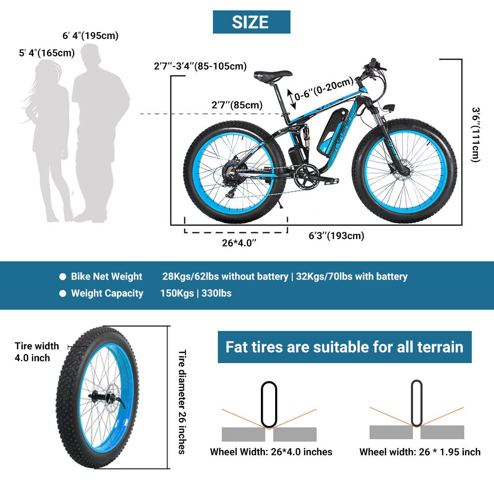 Cyrusher XF800 Electric Bike Full Suspension 26' x 4' Fat Tires 750W Motor 13Ah Removable Battery 28mph Top Speed Blue