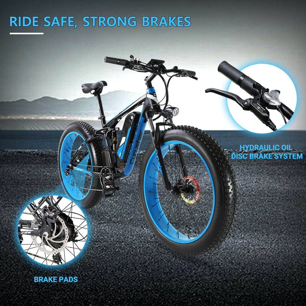 Cyrusher XF800 Electric Bike Full Suspension 26' x 4' Fat Tires 750W Motor 13Ah Removable Battery 28mph Top Speed Blue