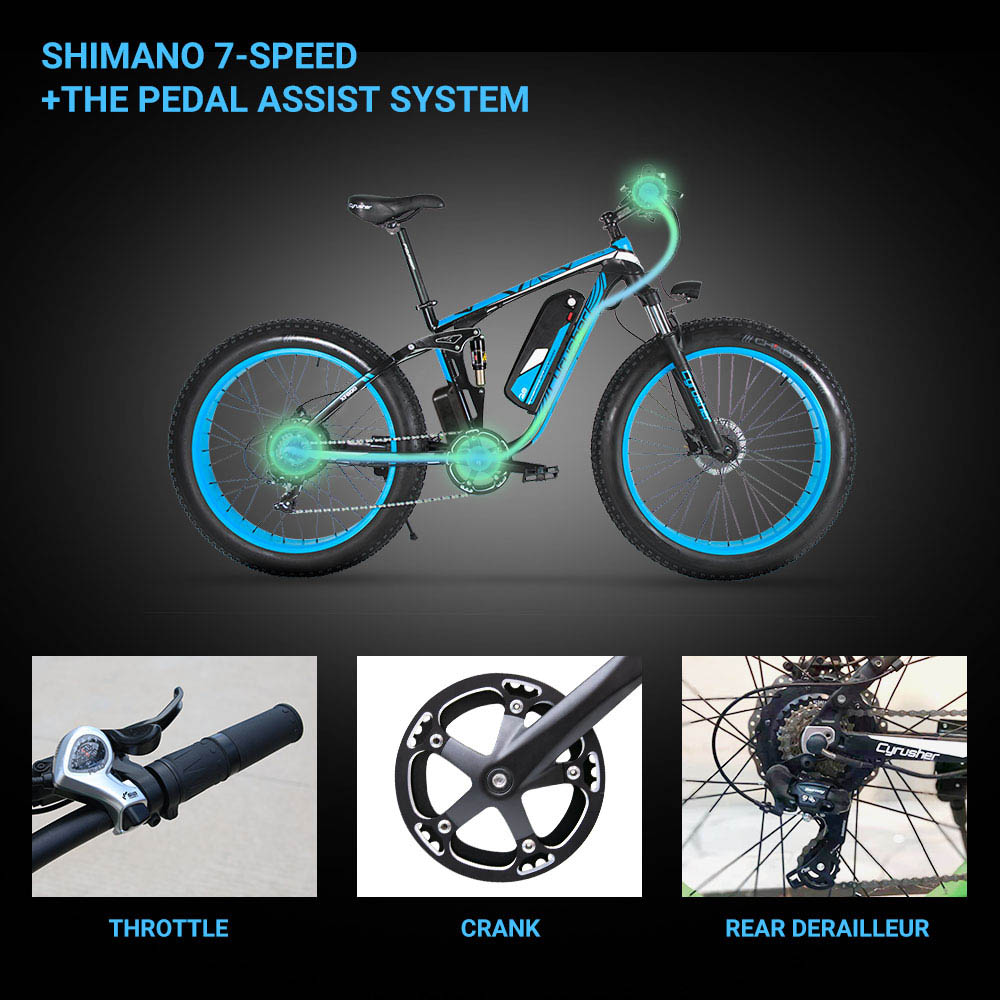 Cyrusher XF800 Electric Bike Full Suspension 26' x 4' Fat Tires 750W Motor 13Ah Removable Battery 28mph Top Speed Blue