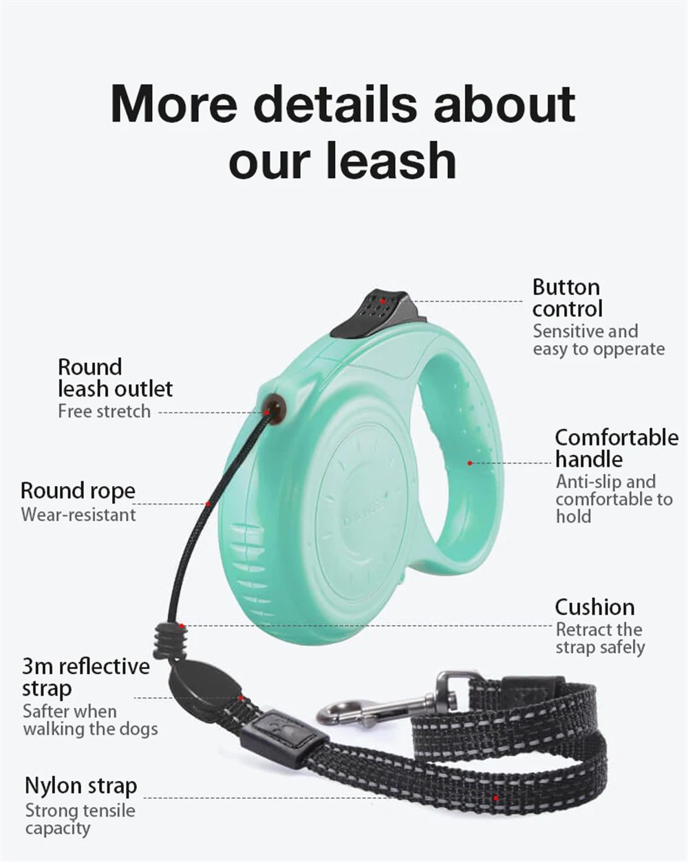 DOGNESS 3m Reflective Retractable Dog Leash One Button Brake Lock Anti-Slip Handle for Puppy Cat Pet Supplies - Gray S