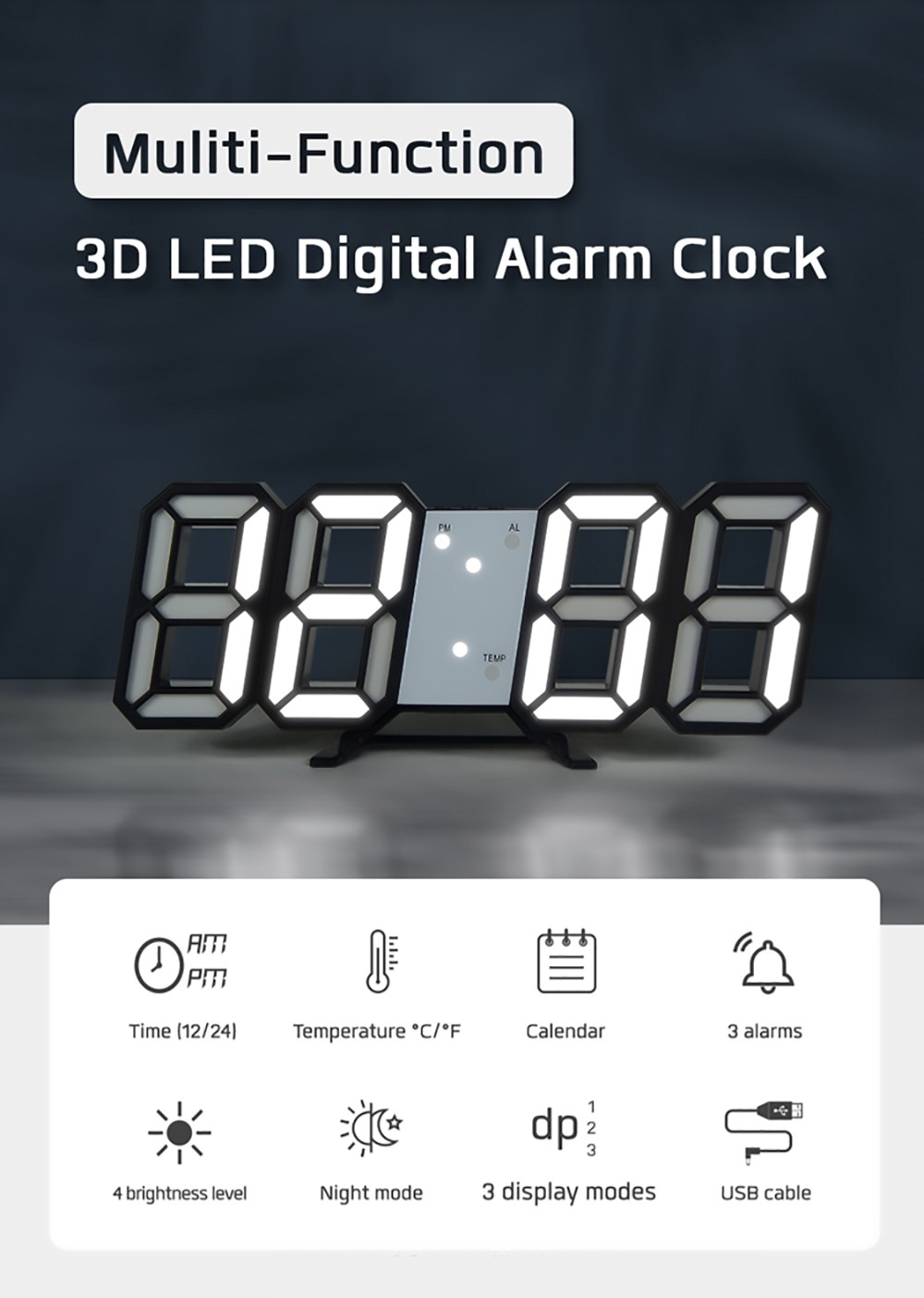 Digital LED Clock 3D Wall Hanging Clock with Smart Luminous Memory Function - Blue