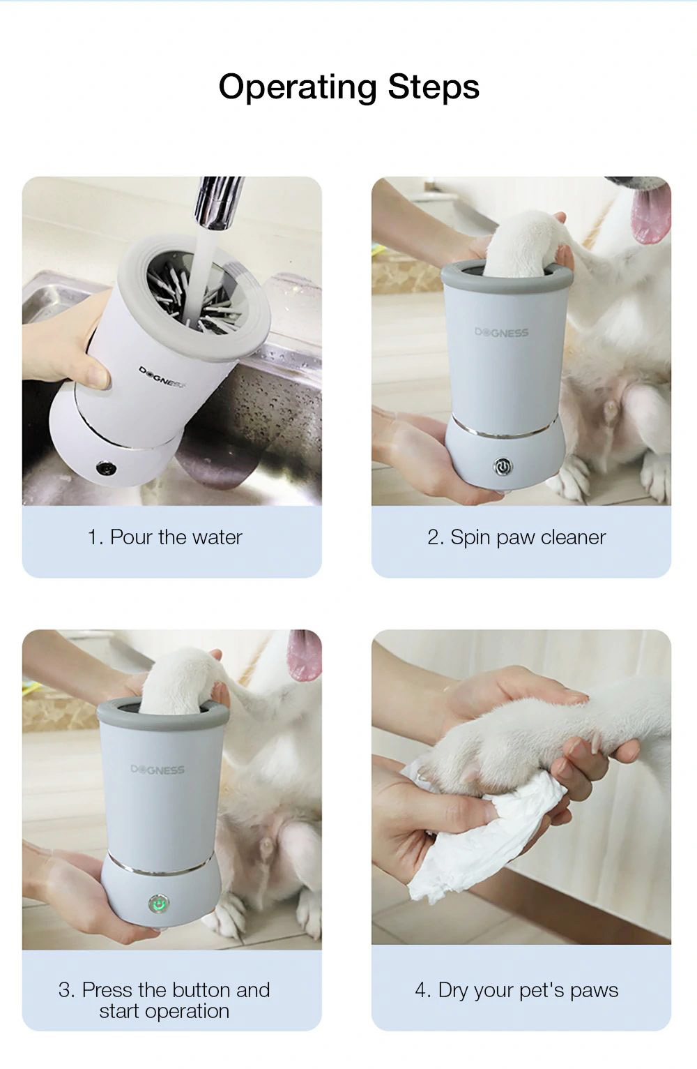 Dogness USB Charging Pet Paws Washer Cup with Soft Silicone Bristles Dog Foot Washing for Puppy Cat - White