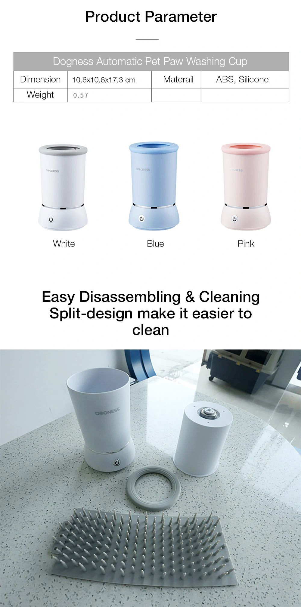 Dogness USB Charging Pet Paws Washer Cup with Soft Silicone Bristles Dog Foot Washing for Puppy Cat - White