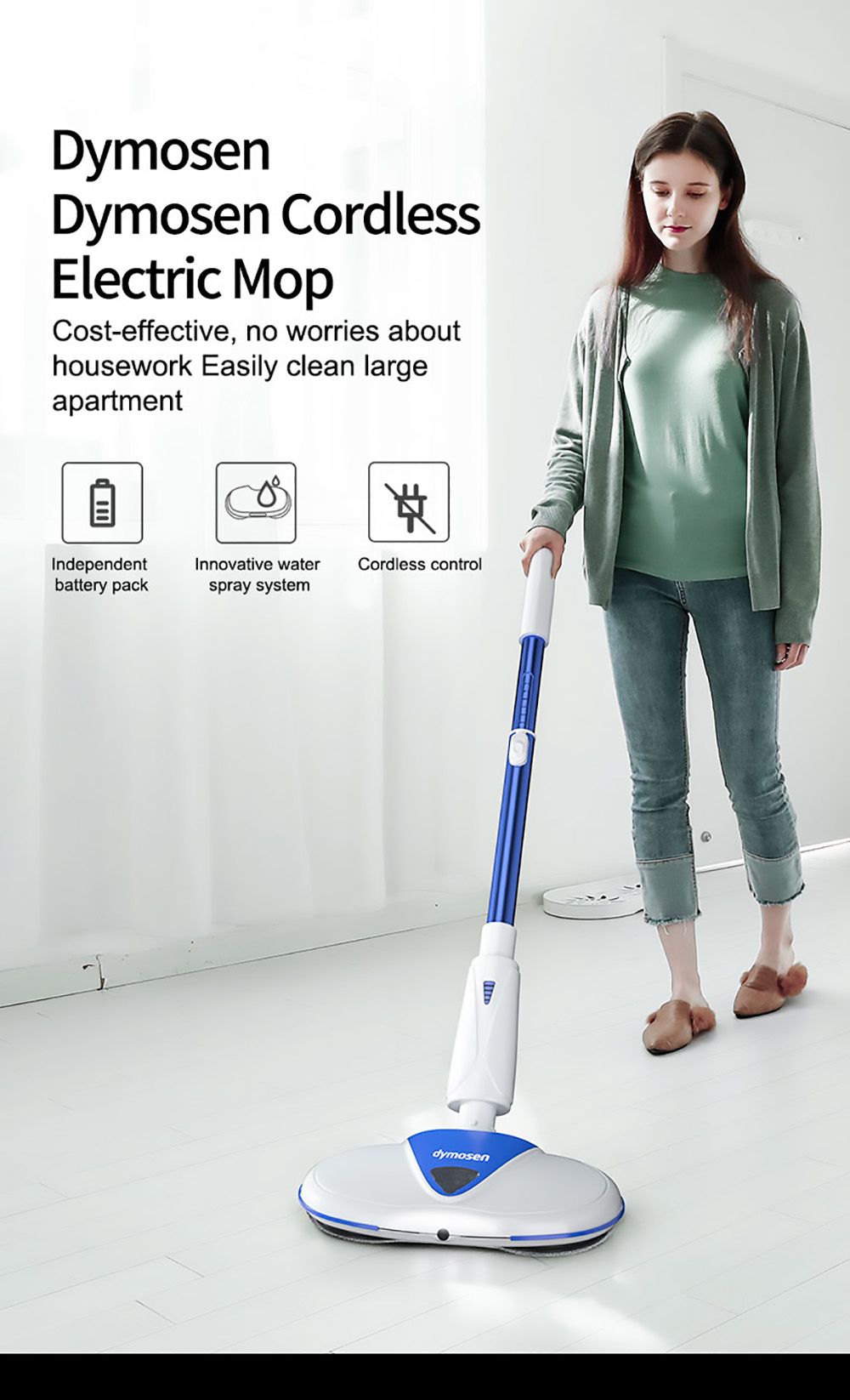 Dymosen M220 Cordless Electric Mop 220r/min with LED Headlights for Hardwood Floors Tiles Marble Glass Cleaning