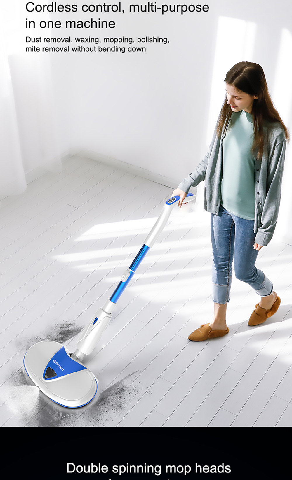 Dymosen M220 Cordless Electric Mop 220r/min with LED Headlights for Hardwood Floors Tiles Marble Glass Cleaning