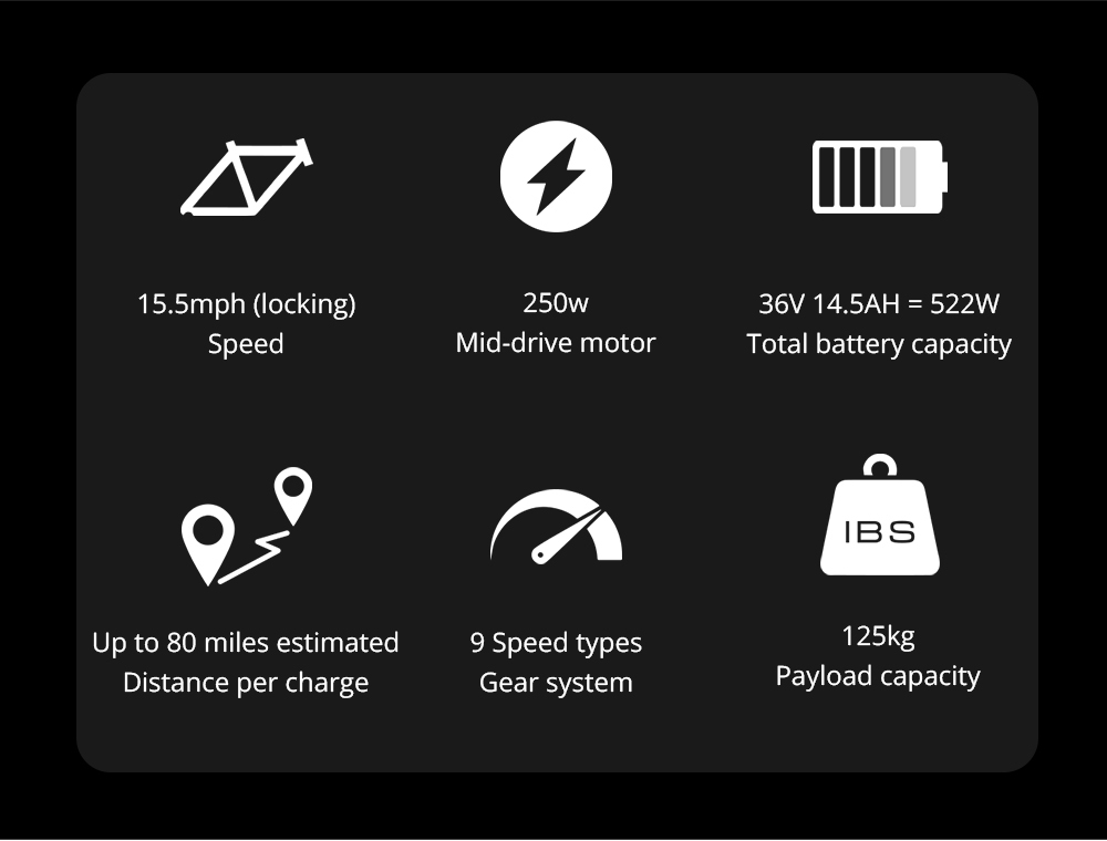 ESKUTE Polluno Pro Electric Bicycle 250W Mid-drive Motor 14.5Ah Battery for 80 Miles Range