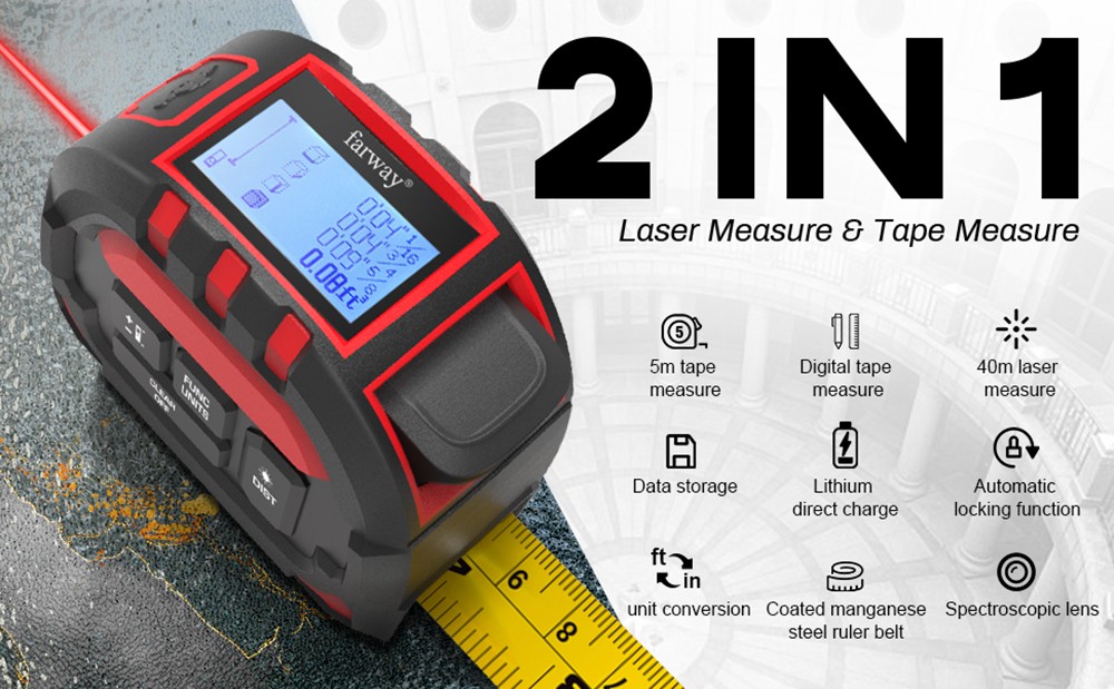Farway 2 in1 Digital Laser Tape Measure Laser Measure 131ft/40m Measuring Tape 16ft/5m with Backlit Display