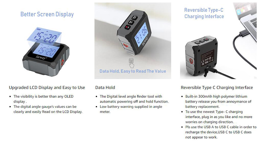 Farway 3 in 1 Digital Angle Finder Laser Level and Angle Gauge with Magnetic Base and LCD screen Li-ion Battery