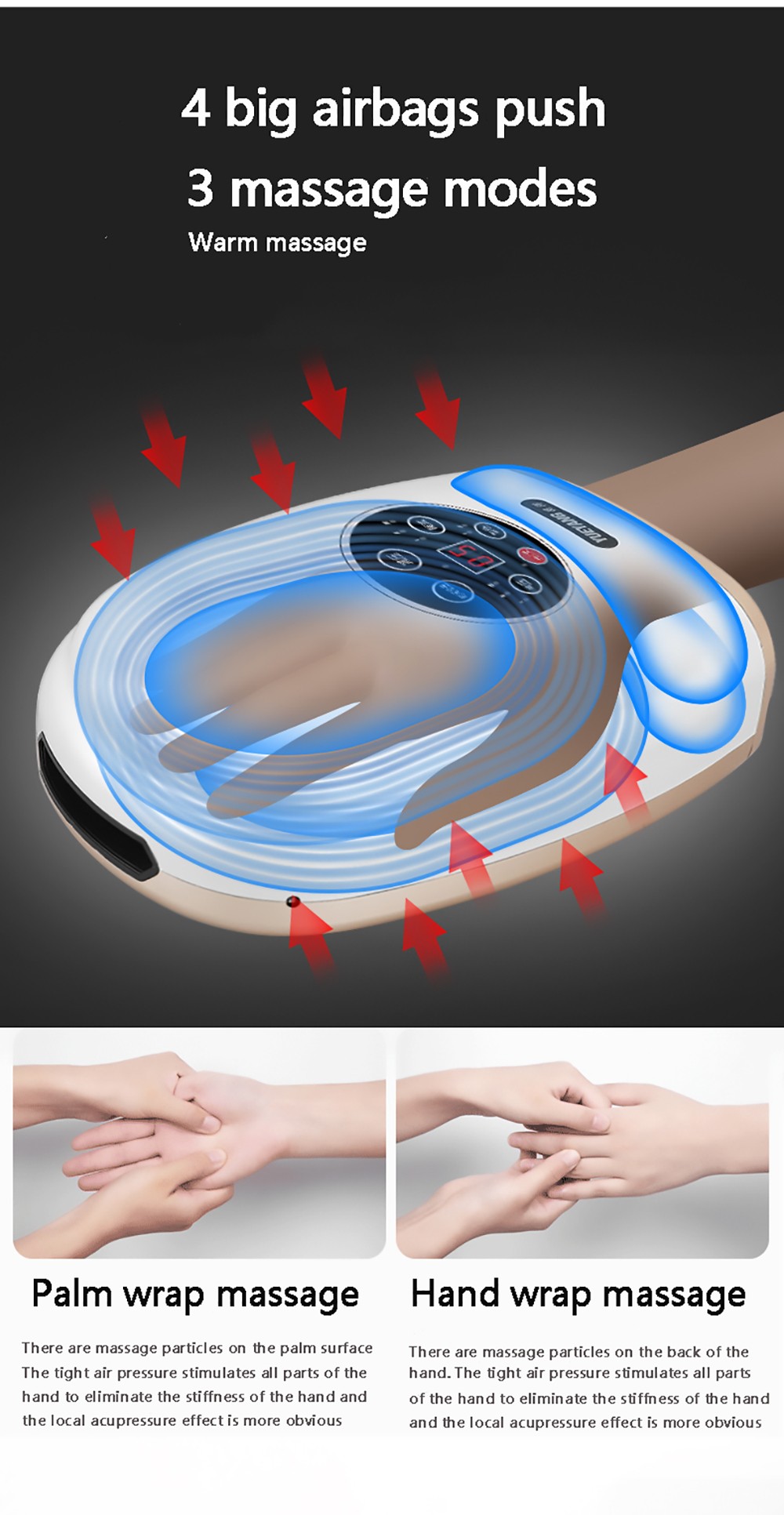 Hand Guard Wireless Hand Massager with Heat and Compression Rechargeable Palm Massage Machine EU Plug - Black