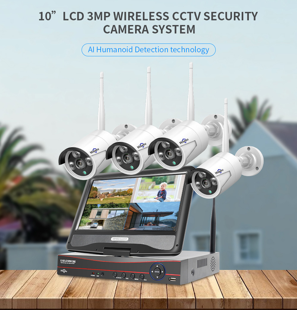 Hiseeu 4Pcs 8CH 3MP 1536P Wireless Security Cameras Kit Outdoor Waterproof CCTV System Set with 10.1inch Monitor NVR