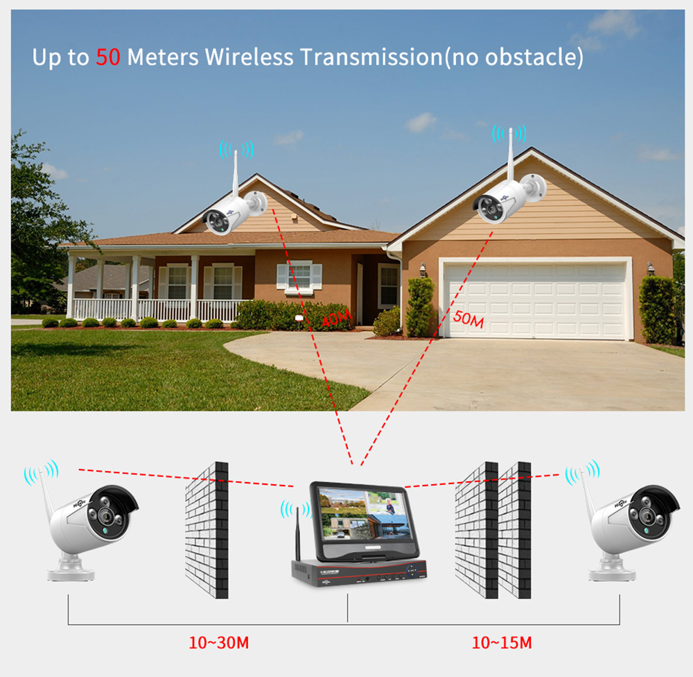 Hiseeu 4Pcs 8CH 3MP 1536P Wireless Security Cameras Kit Outdoor Waterproof CCTV System Set with 10.1inch Monitor NVR