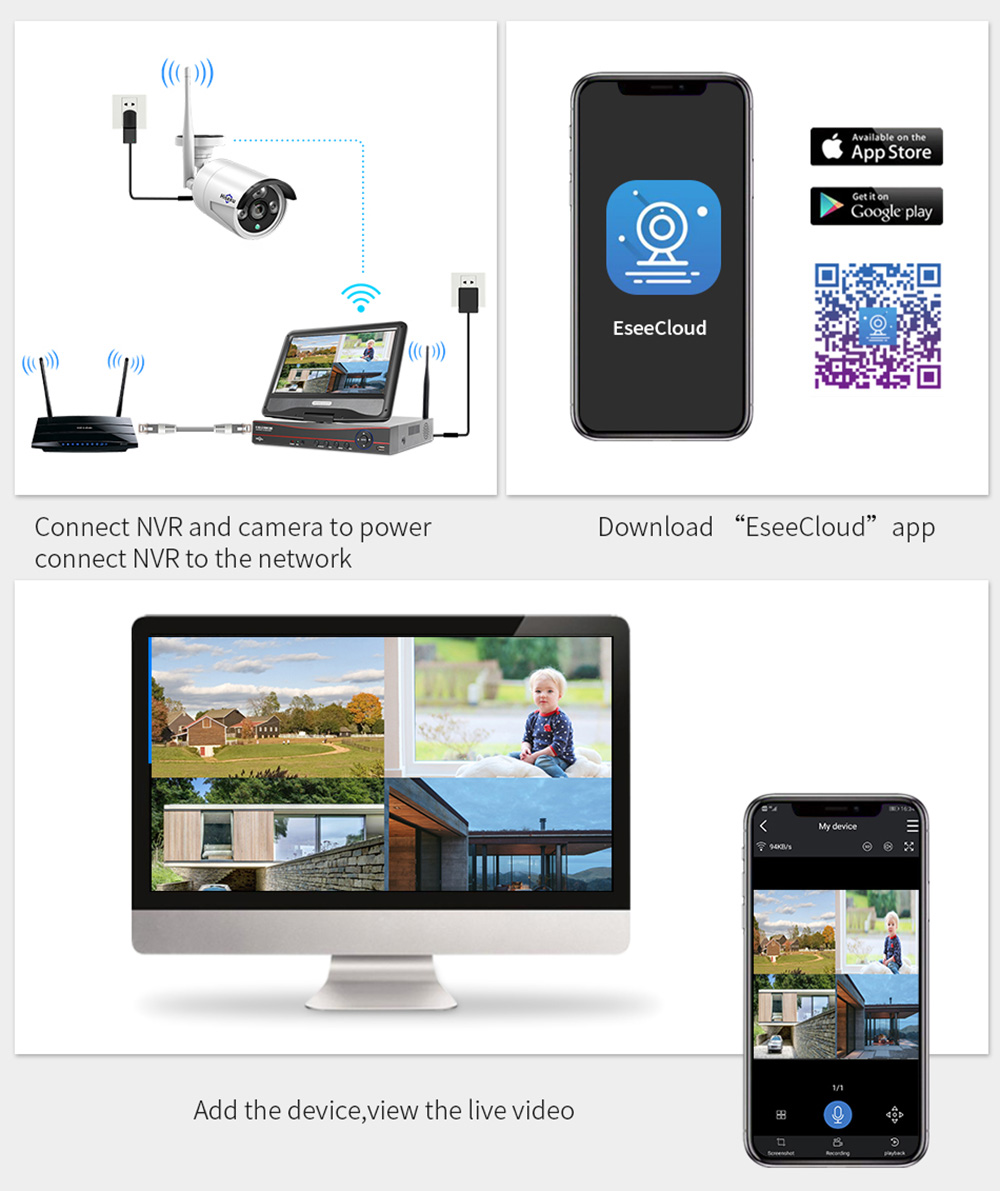 Hiseeu 4Pcs 8CH 3MP 1536P Wireless Security Cameras Kit Outdoor Waterproof CCTV System Set with 10.1inch Monitor NVR