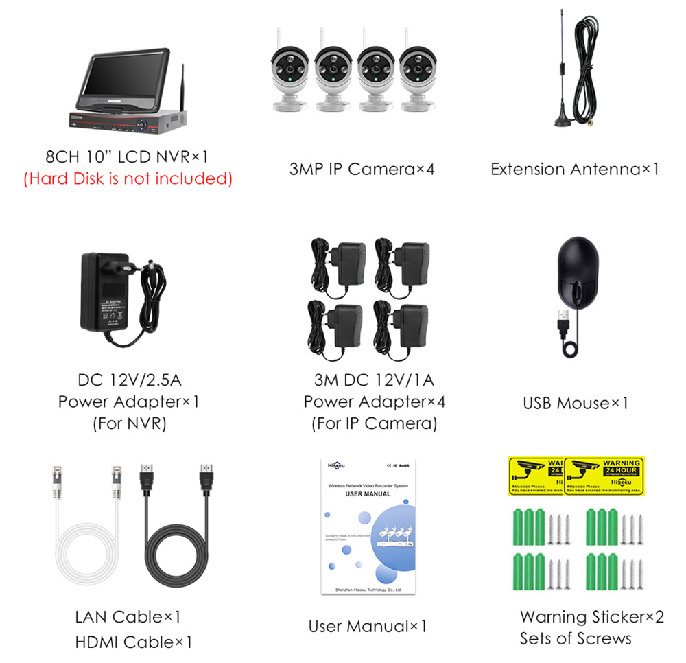 Hiseeu 4Pcs 8CH 3MP 1536P Wireless Security Cameras Kit Outdoor Waterproof CCTV System Set with 10.1inch Monitor NVR