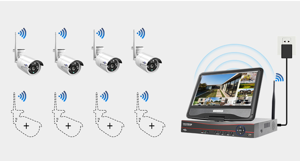 Hiseeu 4Pcs 8CH 3MP 1536P Wireless Security Cameras Kit Outdoor Waterproof CCTV System Set with 10.1inch Monitor NVR
