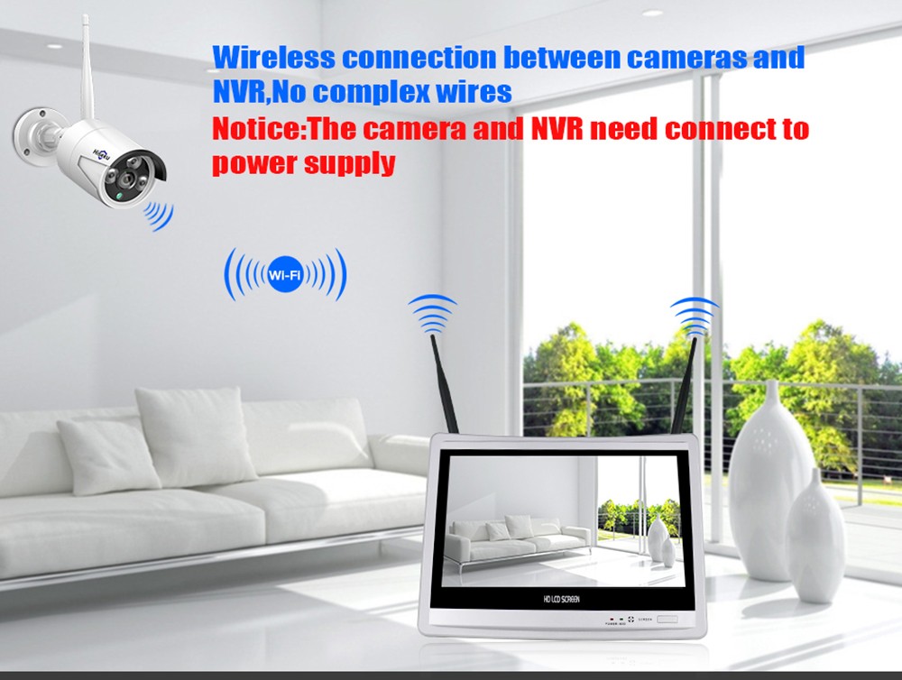 Hiseeu 4pcs All in one with 12inch LCD Monitor Wireless Security Camera System Home 8CH 3MP NVR Kit 1536P Outdoor