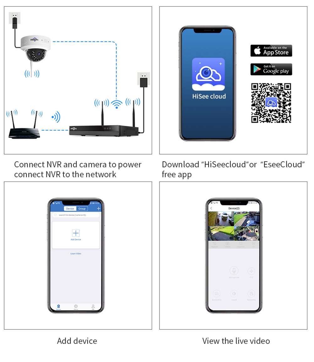 Hiseeu Wireless 8CH 4PCS 3MP 1536P HD Two-way Audio CCTV Security Camera for Indoor Home