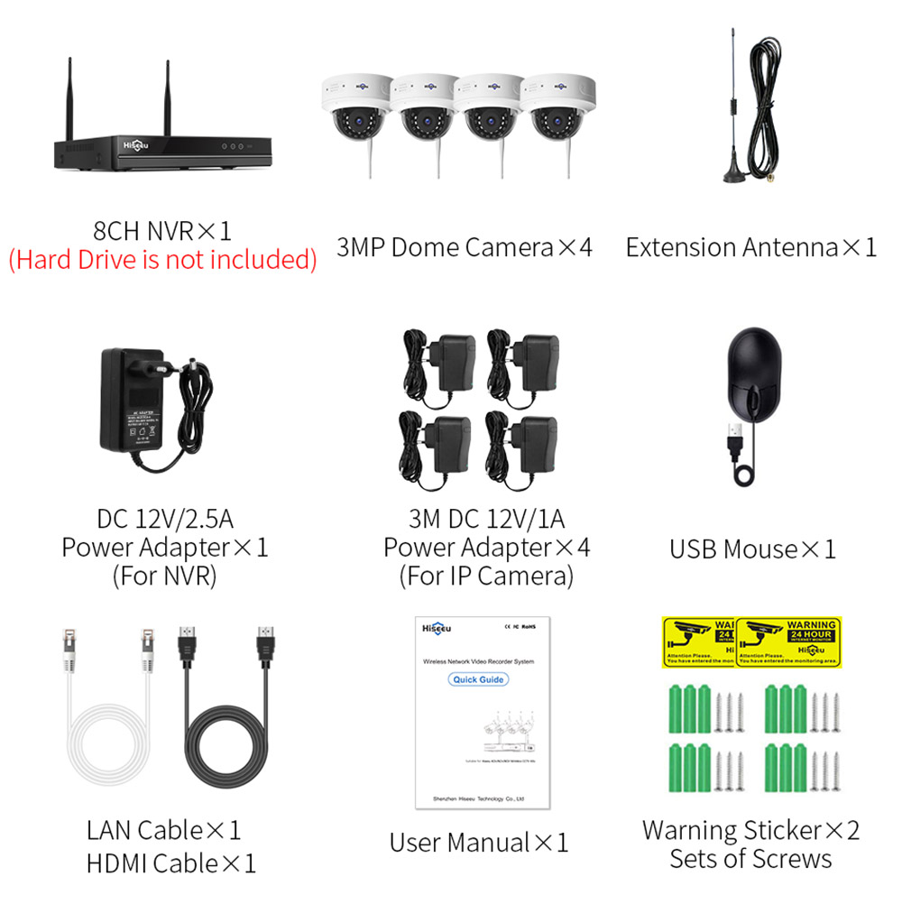 Hiseeu Wireless 8CH 4PCS 3MP 1536P HD Two-way Audio CCTV Security Camera for Indoor Home