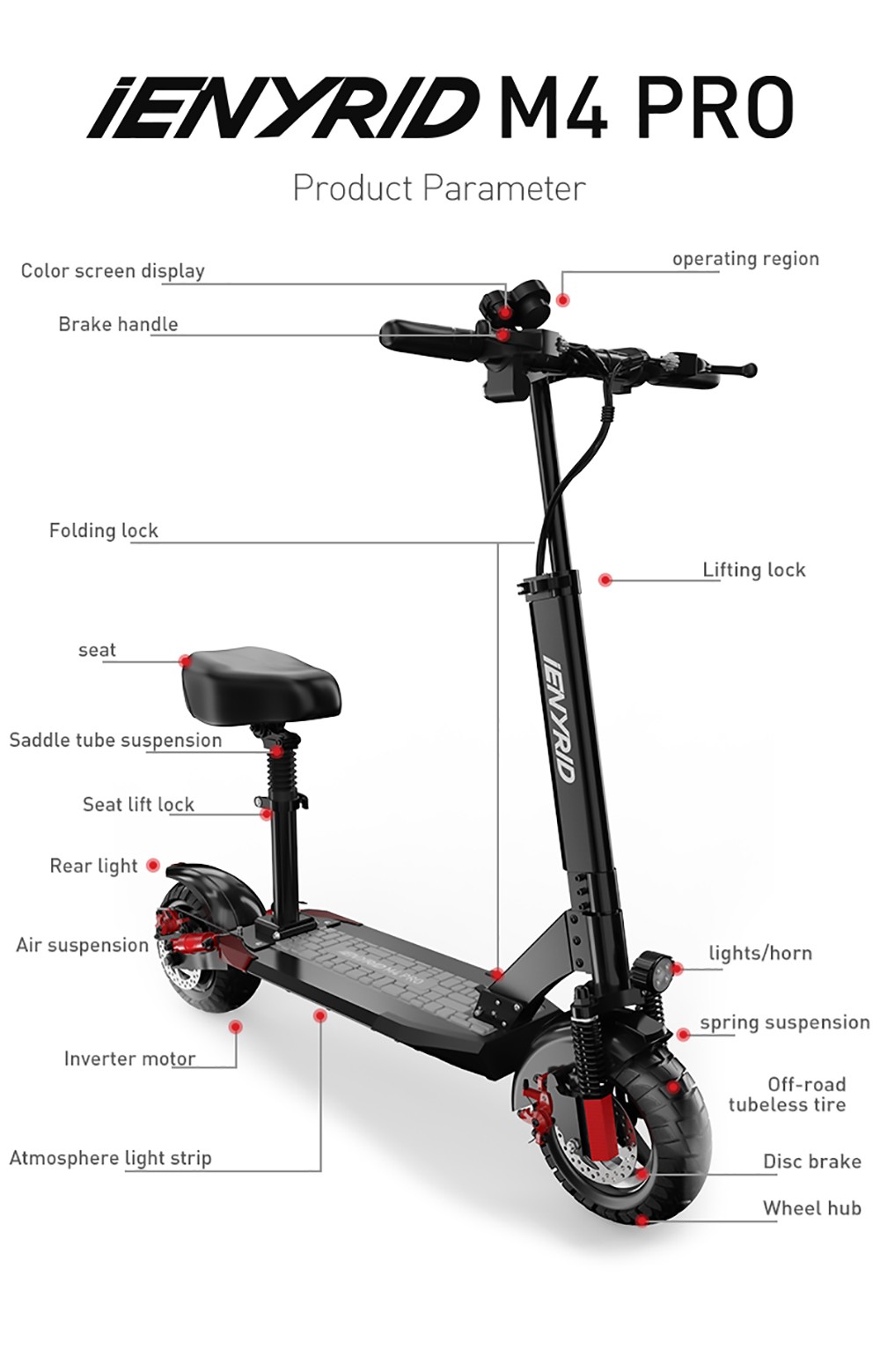 IENYRID M4 Pro Electric Scooter Foldable 10'' Off-road Tires 48V 16Ah Battery 500W Motor 40-45 Max Speed 55-65km Range