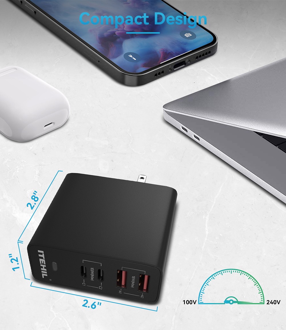 ITEHIL 100W Smart Fast Charger USB-C PD Wall Charger 4 Ports with - Black