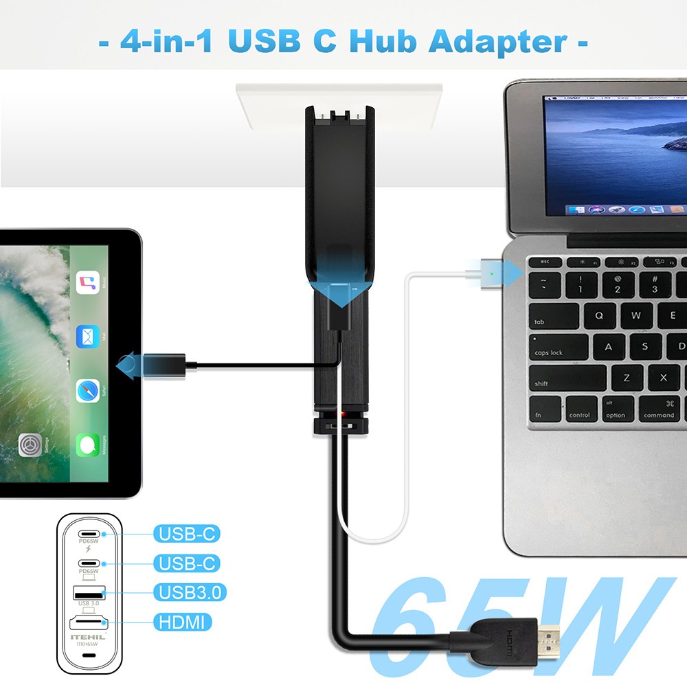 ITEHIL 65W GAN Fast Charger & Hub 4 in 1 Charger PD 3.0 USB 3.0 4K HDMI Ports with 0.5m Type-C Cable - Black