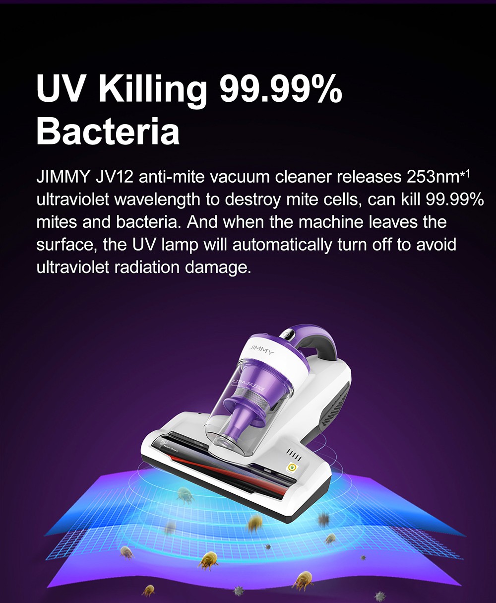 JIMMY JV12 Anti-mite Vacuum Cleaner 400W Strong Power Ultrasound UV-C Sterilization 220mm Widened Suction Port with Patented Composite Brush Roll Dual Cyclone &; MIF Filter 0.4L prachová nádoba - biela