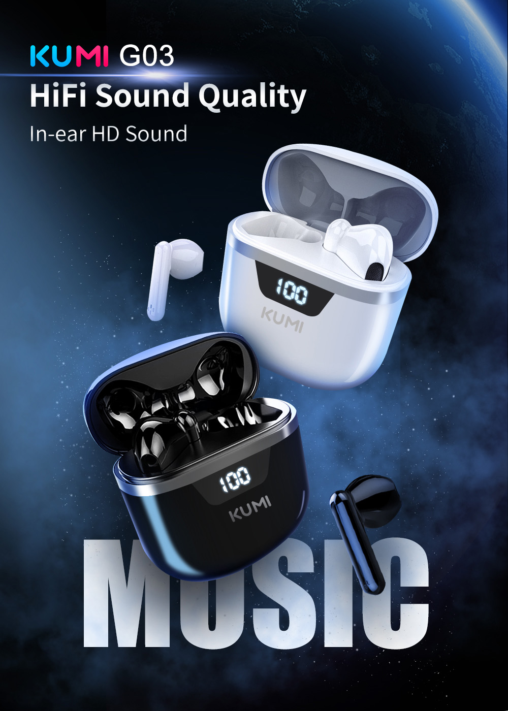 KUMI G03 TWS Bluetooth 5.0 Earphone In-Ear HiFi Sound True Wireless Sports Earbuds with Microphone - White