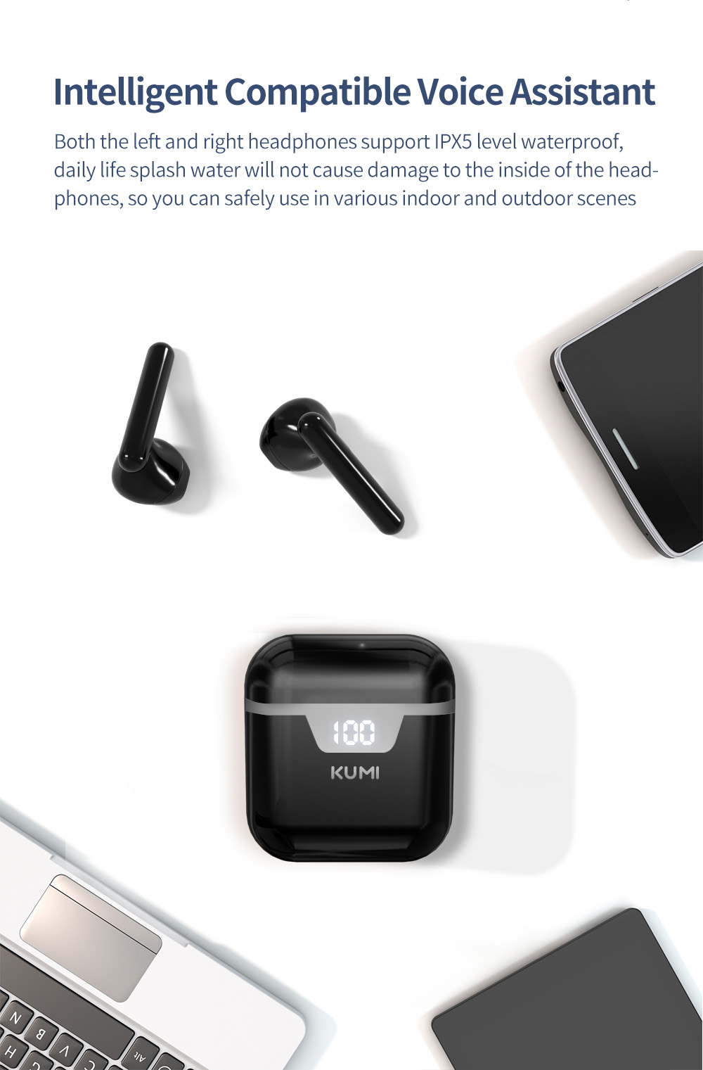 KUMI G03 TWS Bluetooth 5.0 Earphone In-Ear HiFi Sound True Wireless Sports Earbuds with Microphone - White