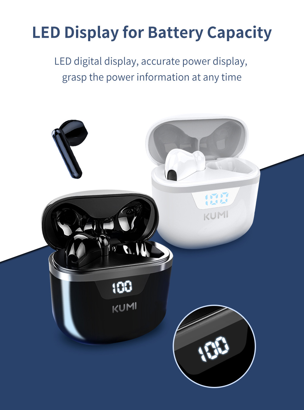 KUMI G03 TWS Bluetooth 5.0 Earphone In-Ear HiFi Sound True Wireless Sports Earbuds with Microphone - White