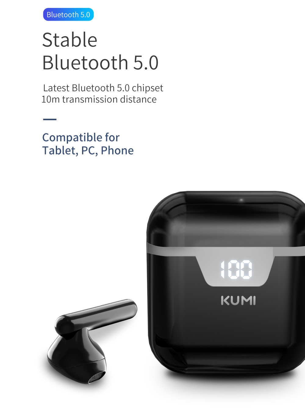 KUMI G03 TWS Bluetooth 5.0 Earphone In-Ear HiFi Sound True Wireless Sports Earbuds with Microphone - White