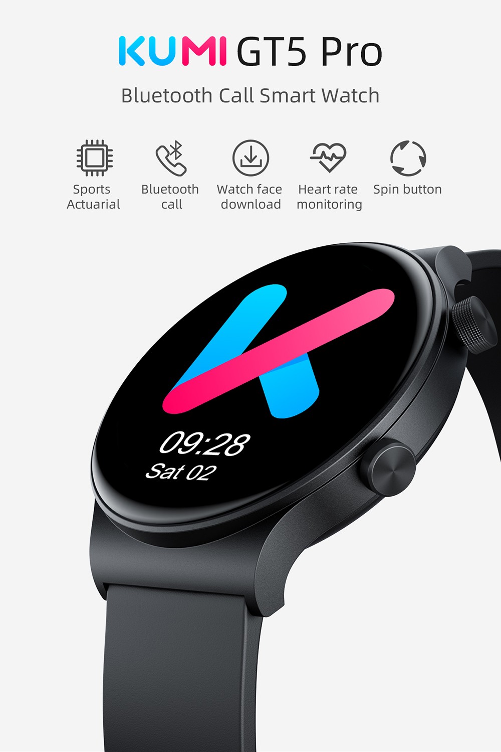 KUMI GT5 Pro Smartwatch 1.32'' HD Screen with Bluetooth Call Multiple Sport Modes Heart Health SpO2 Measurement - Sliver