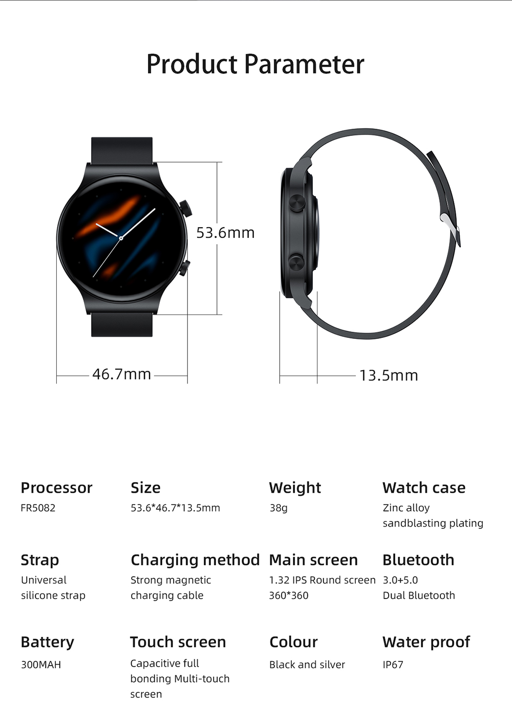 KUMI GT5 Pro Smartwatch 1.32'' HD Screen with Bluetooth Call Multiple Sport Modes Heart Health SpO2 Measurement - Sliver